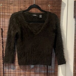 Express Women's Dark Brown Fuzzy V-Neck Sweater